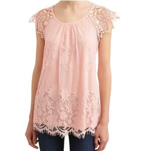 No Boundaries Pink Floral Lace Short Cap Sleeve Blouse Top
